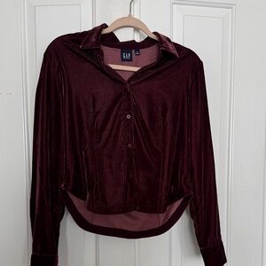 GAP Velvet Button-Down Shirt in Deep Wine
